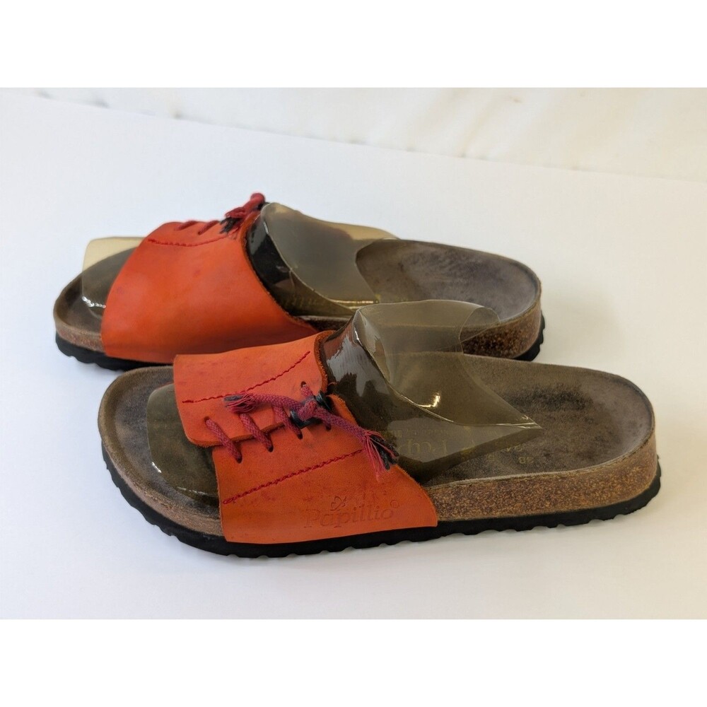 Birkenstock Papillio Vintage Side Lace Sandals Orange Leather Slide Womens 38 L7